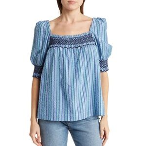 NEW Faherty Presley Top Size M Puff Sleeve‎ Seersucker Blue Coast Stripe